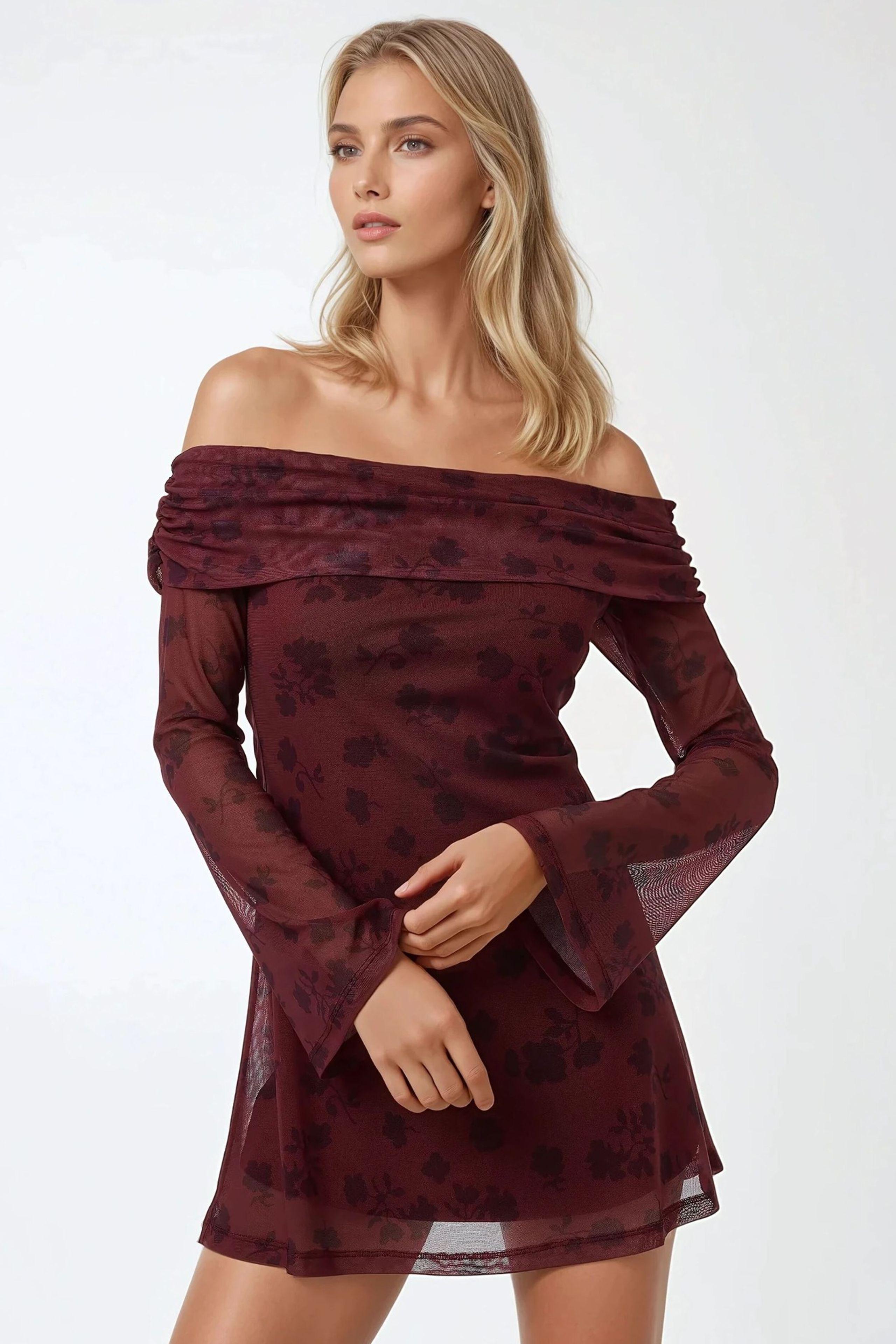 Off-Shoulder Bodycon Mini-jurk met Bloemenpatroon
