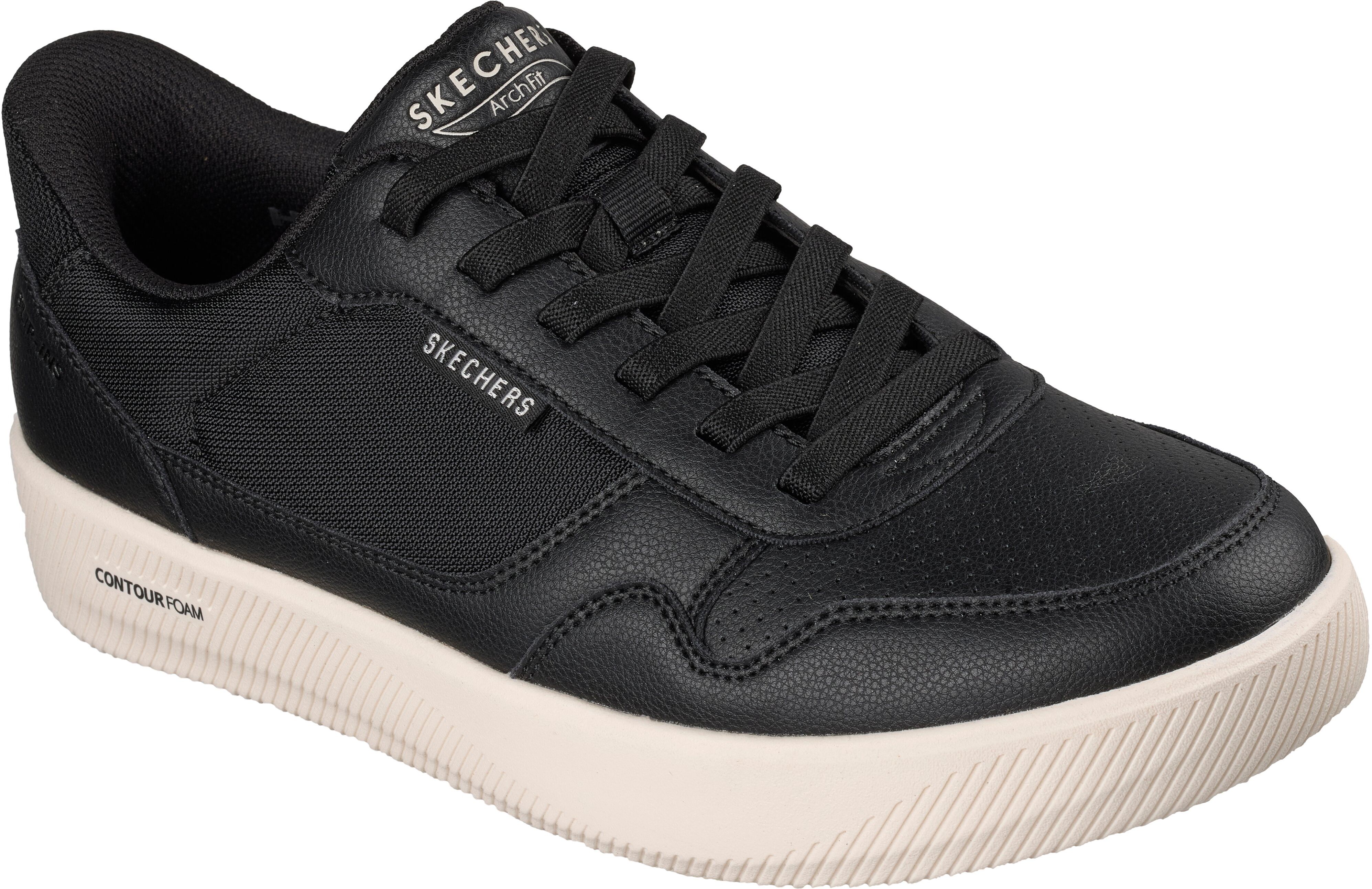 Slip-On Sneaker SKECHERS "ARCH FIT COURT BREAK", Herren, Gr. 43, Textil, schwarz, Lederimitat, Schuhe Slip-On Sneaker, Schnürschuh, Freizeitschuh mit Handsfree Slip-Ins Technologie