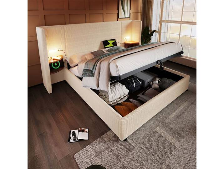Lit rembourré - GUTENT - 160x200 cm - Beige-blanc - Liseuse - USB rechargeable
