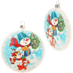 Krebs Glas Lauscha Multicolor 9cm Taler aus Glas, bedruckt und dekoriert mit Schneeman-Duo, mundgeblasen und handdekoriert