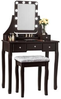 Costway Vanity Dressing Table Set with 10 Dimmable Bulbs and Cushioned Stool-Brown