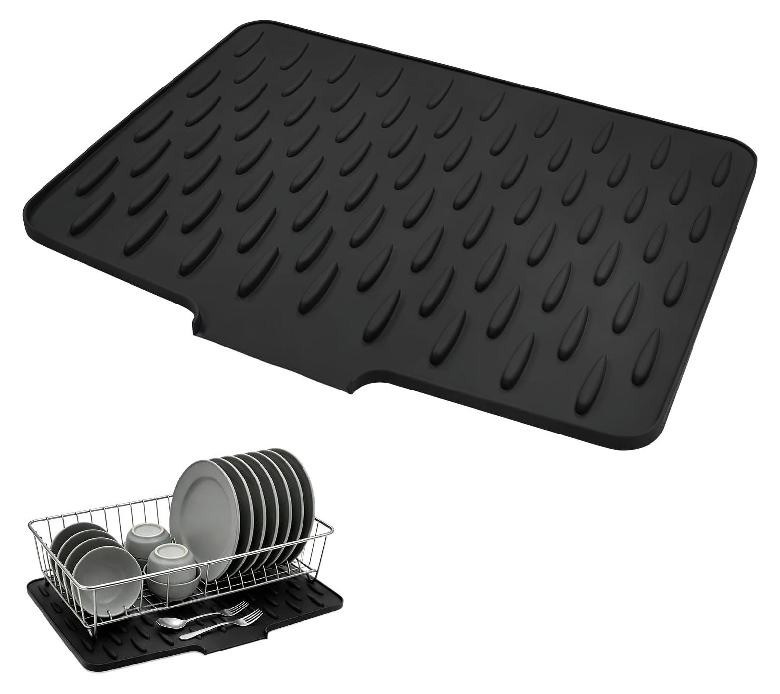 Selius Afdruipmat voor servies, siliconen antislip afdruipmat met watergeleiding, zwart