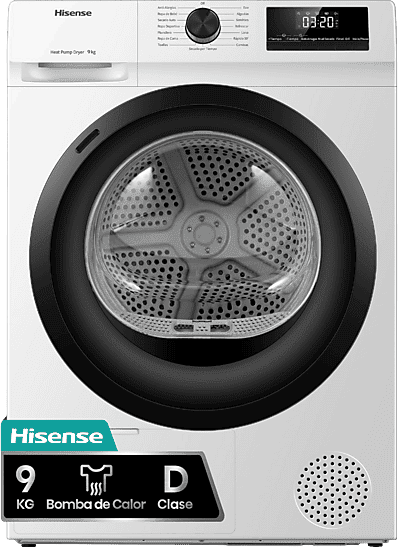REACONDICIONADO Seminuevo Muy bueno Secadora bomba de calor - Hisense DHQE900UWDC, 9 kg, 16 programas, Anti arrugas, Secado automático, Blanco