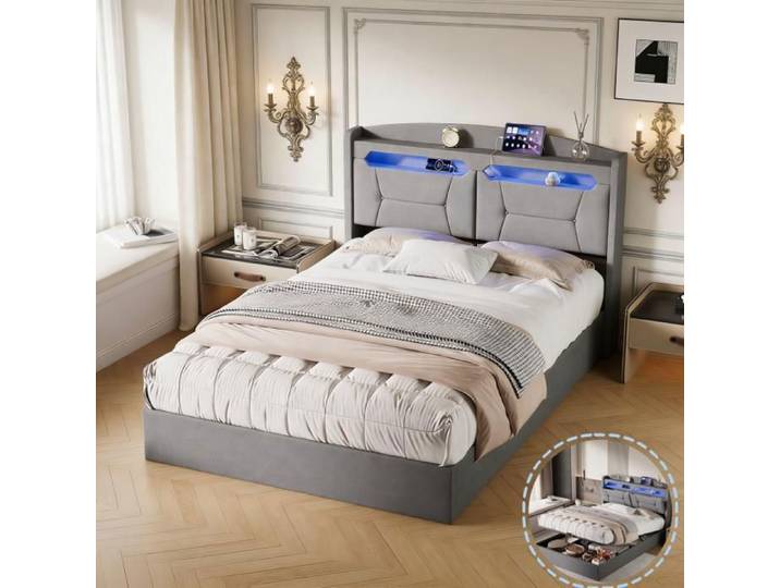 Lit coffre 140x200 - KILISKY - Éclairage LED - 2 prises USB - Capitonné - Gris