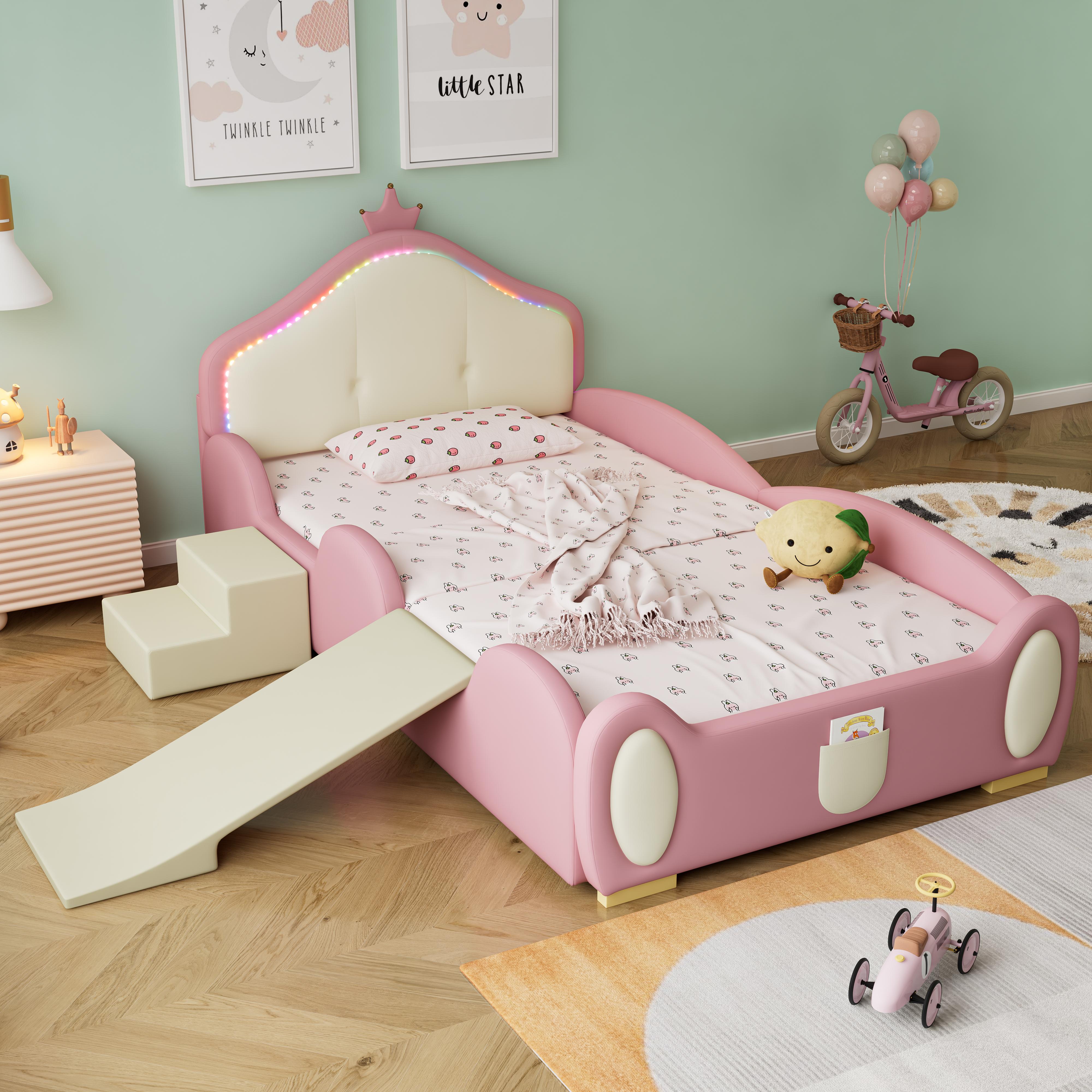 Polsterbett Kinderbett 90x200cm mit Kronenmotiv in Rosa und Beige, Multi-Mode-LED-Streifen, Rutsche und Treppe, PolyurethanBezug