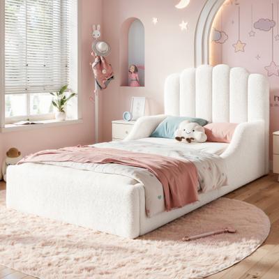 GREATPLANINC Kids Platform Bed Teddy Upholstered Floor Bed with Scalloped Headboard