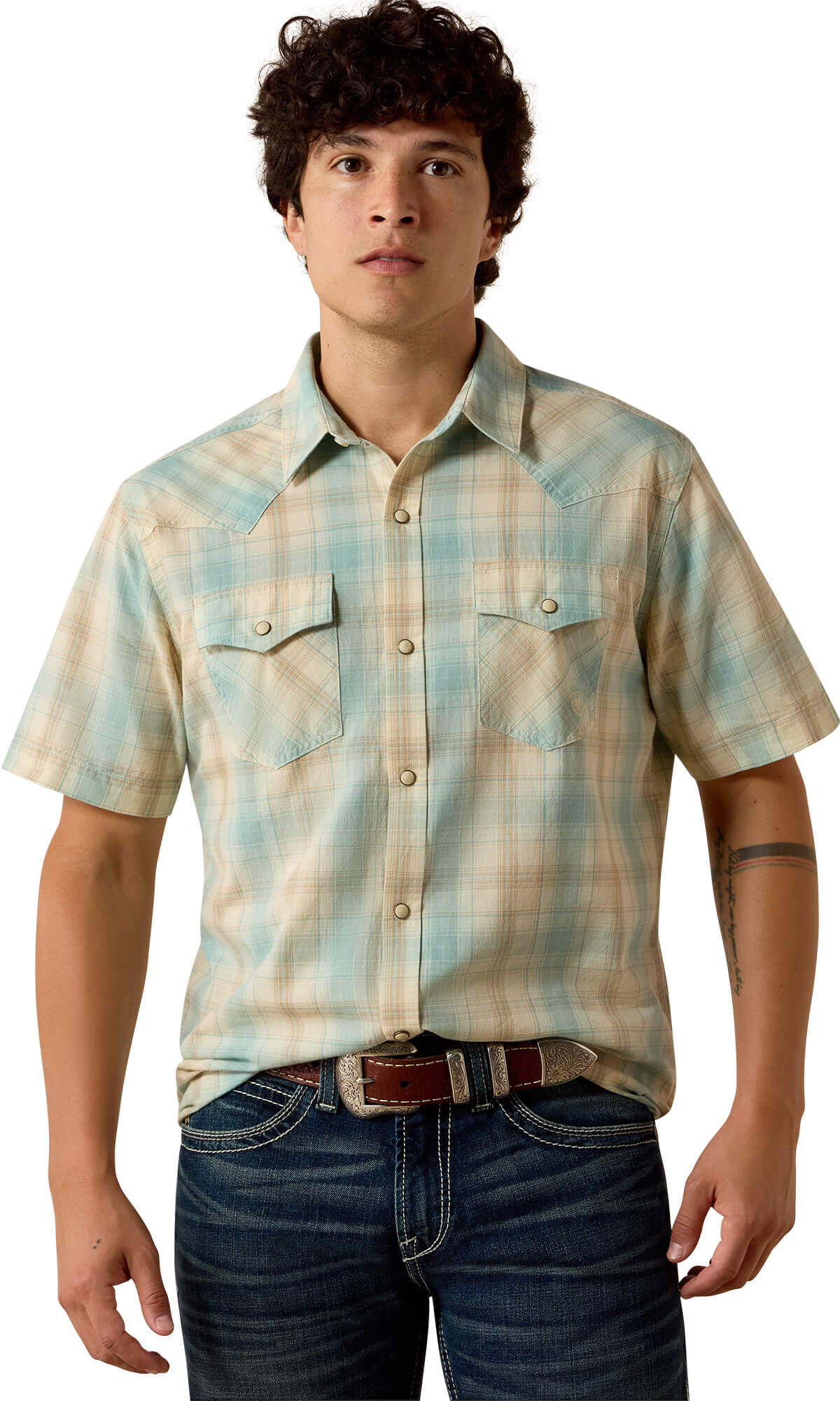 Men's Retro Hartman Fitted Snap Shirt in Aquifer Plaid Cotton, Size: 2XL by Ariat