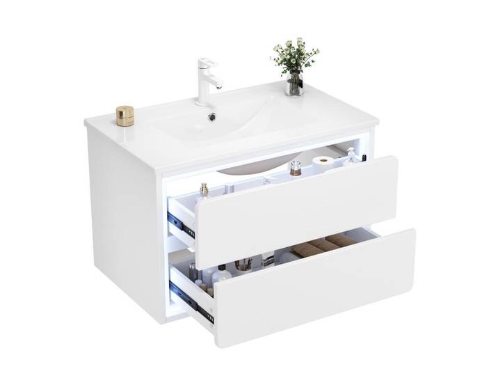 Okmyhome Waschtischkombi 76/46/48,5 cm Weiß aus MDF und Keramik mit LED-Radarsensor-Beleuchtung, Rechteckig, 76x58.5x46 cm, Badezimmer, Waschbecken & Armaturen, Waschtische