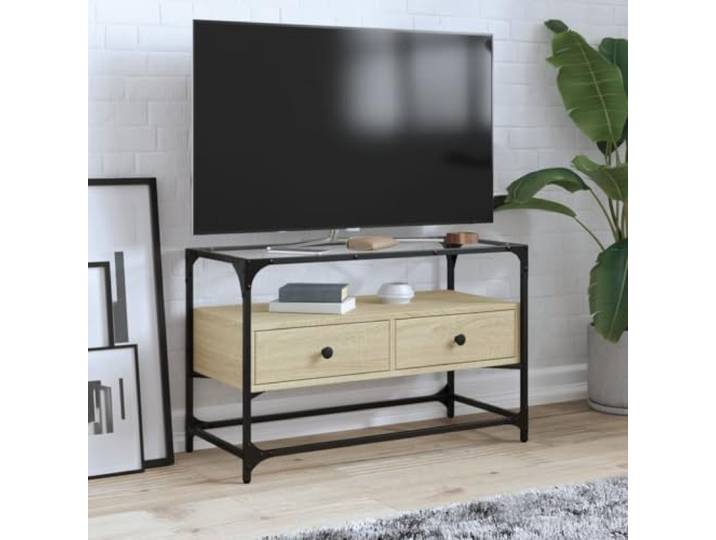 HEFZGDB TV-Schrank mit Glasplatte Sonoma-Eiche 80x35x51cm Holzwerkstoff, Metallrahmen, Zwei Schubladen, industrieller Stil, viel Stauraum, praktisches Design, Beistellschrank