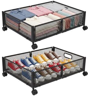 Javlergo Set of 2 Under Bed Storage Containers with Wheels Metal Mesh Rolling Drawers for Clothes Shoes & Toys