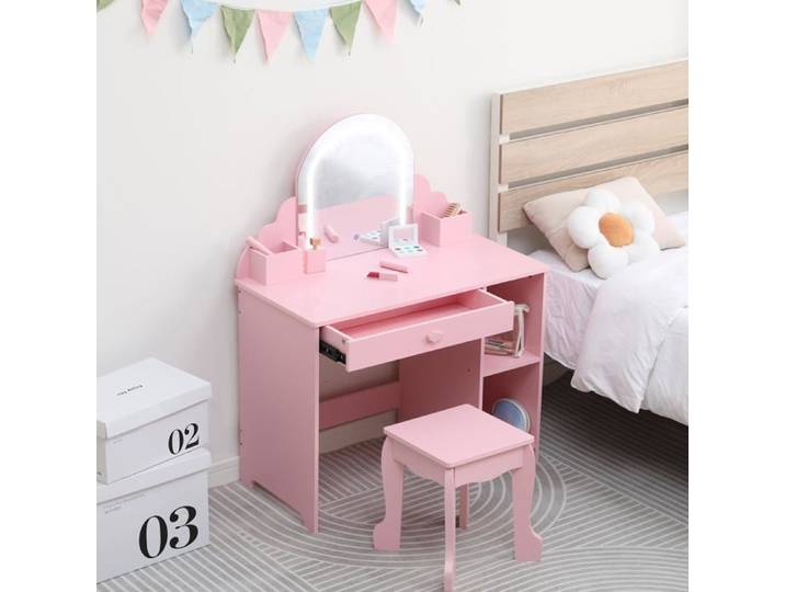 Coiffeuse enfant 2-en-1 avec miroir LED réglable + tabouret - Tiroir & étagères ouvertes - Coiffeuse et bureau Rose