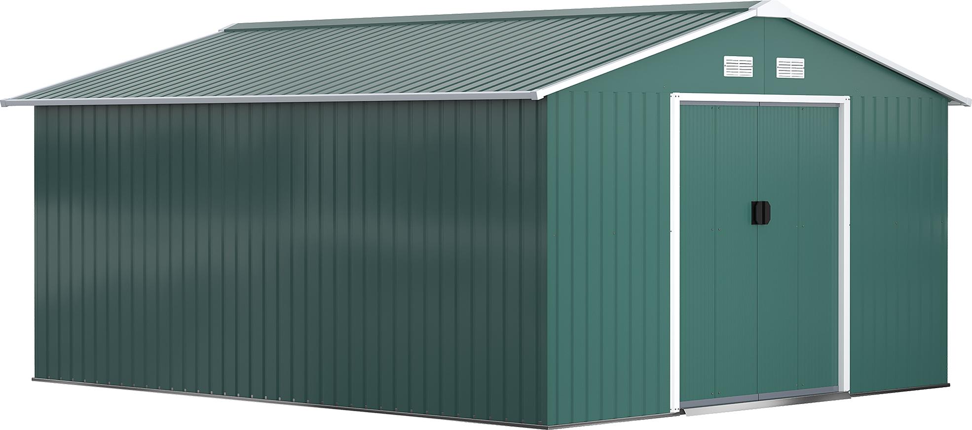 Moonbite Gerätehaus 12,4 m² mit Pultdach und Schiebetüren, 340 × 386 × 200 cm, verzinktes Fundament, je 2 Fensteröffnungen, Innenmaß 330 × 372 cm, Dunkelgrün