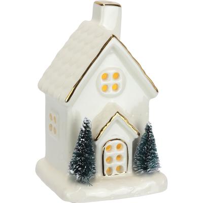 LED-Dekofigur I.GE.A. "LED-Haus", weiß, B:8cm H:13cm, Porzellan, Dekofiguren, Dekoobjekt LED batteriebetrieben Weiß Gold Weihnachtsdeko