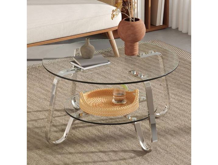 Table basse en verre trempé double étage piètement métal argenté style rétro minimaliste