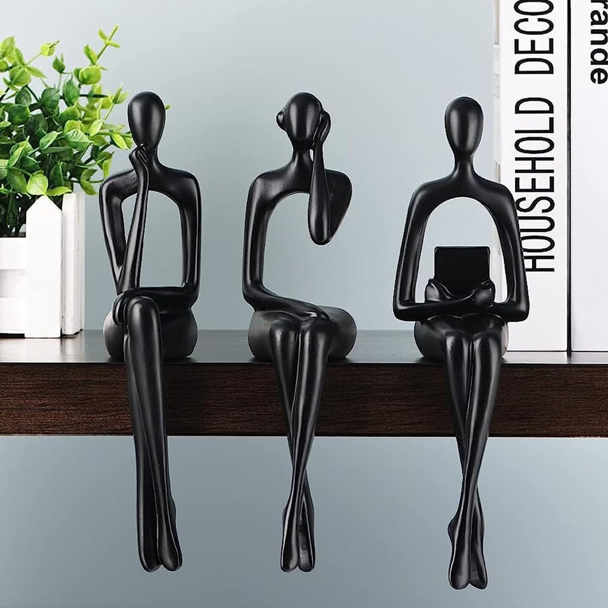 Set van 3 abstracte denker beelden in hars voor boekenplank decoratie, Zwart, Hoogte: 178 cm