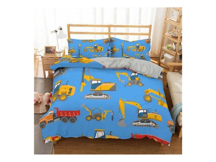 LuxusKollektion Kinderbettwäsche Bettwäsche Set 155x220cm Gelbes Fahrzeug Blau
