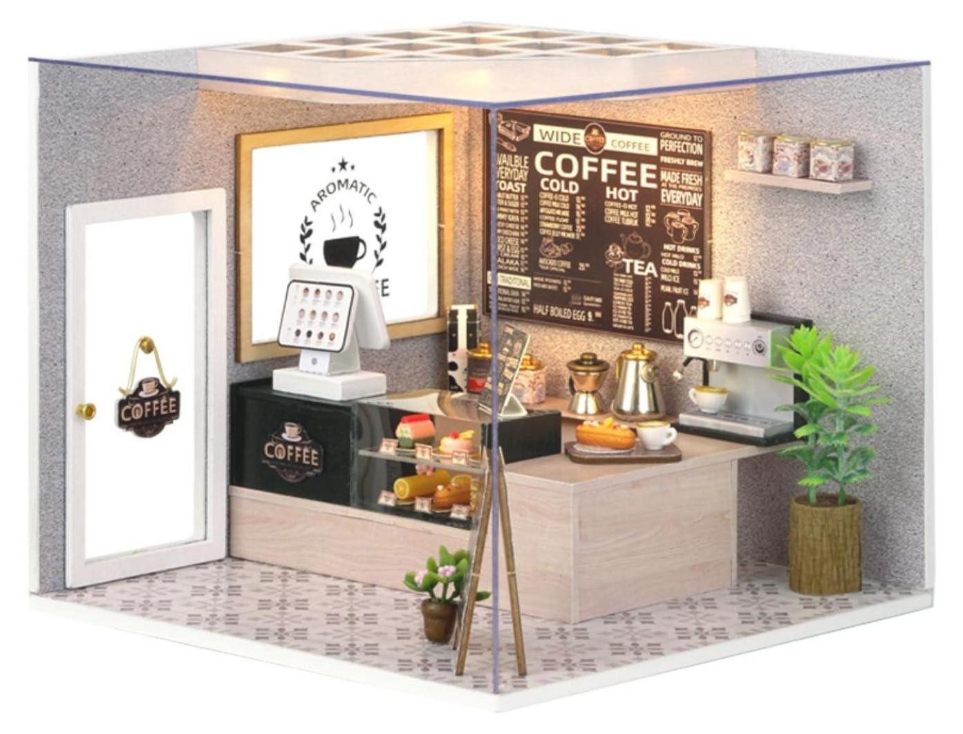 CUTEROOM Zelfbouw houten poppenhuis miniatuur bouwpakket met LED-verlichting en stofkap - Knus café