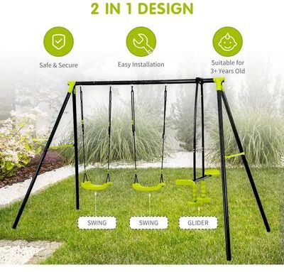 Outdoor Sturdy Metal Swing Set, Kids Play Equipment w/Three Seat Swing - N/A