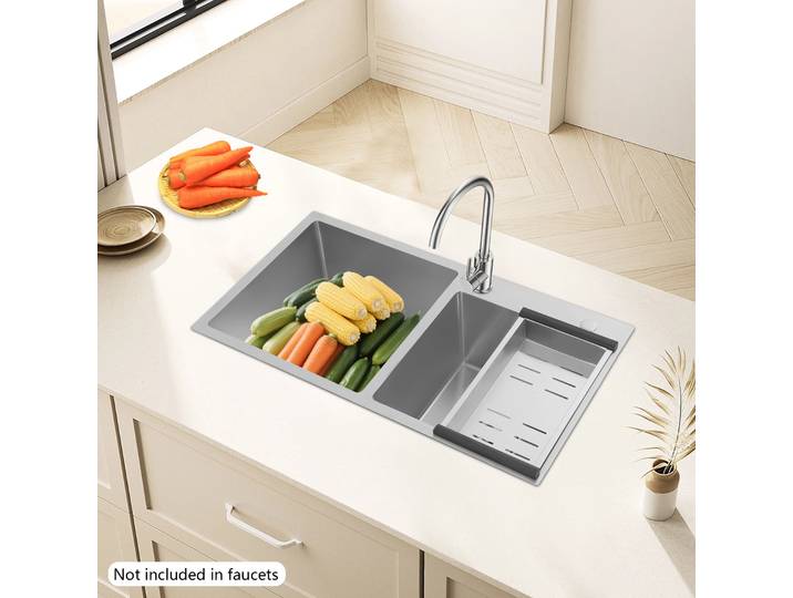 Évier de cuisine double Bymaocar en acier inoxydable 78x43x21 cm, finition brossée, antirouille, durable, drainage en X, écoulement d'eau efficace, filtre anti-blocage, ton argenté, forme