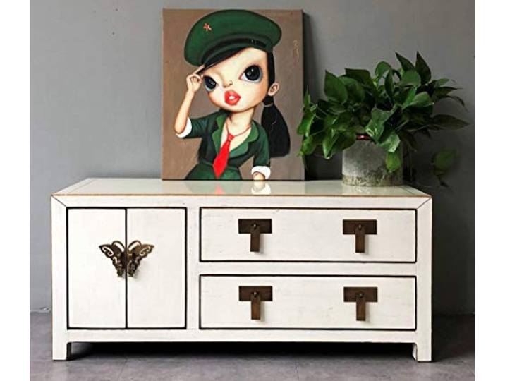OPIUM OUTLET TV Kommode Sideboard Schrank Lowboard chinesisch asiatisch orientalisch Vintage Weiss beige Creme (Elfenbein)