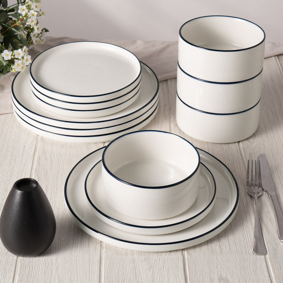 Latitude Run 12-Piece Porcelain Dinnerware Set - Service For 4 White/Blue 12
