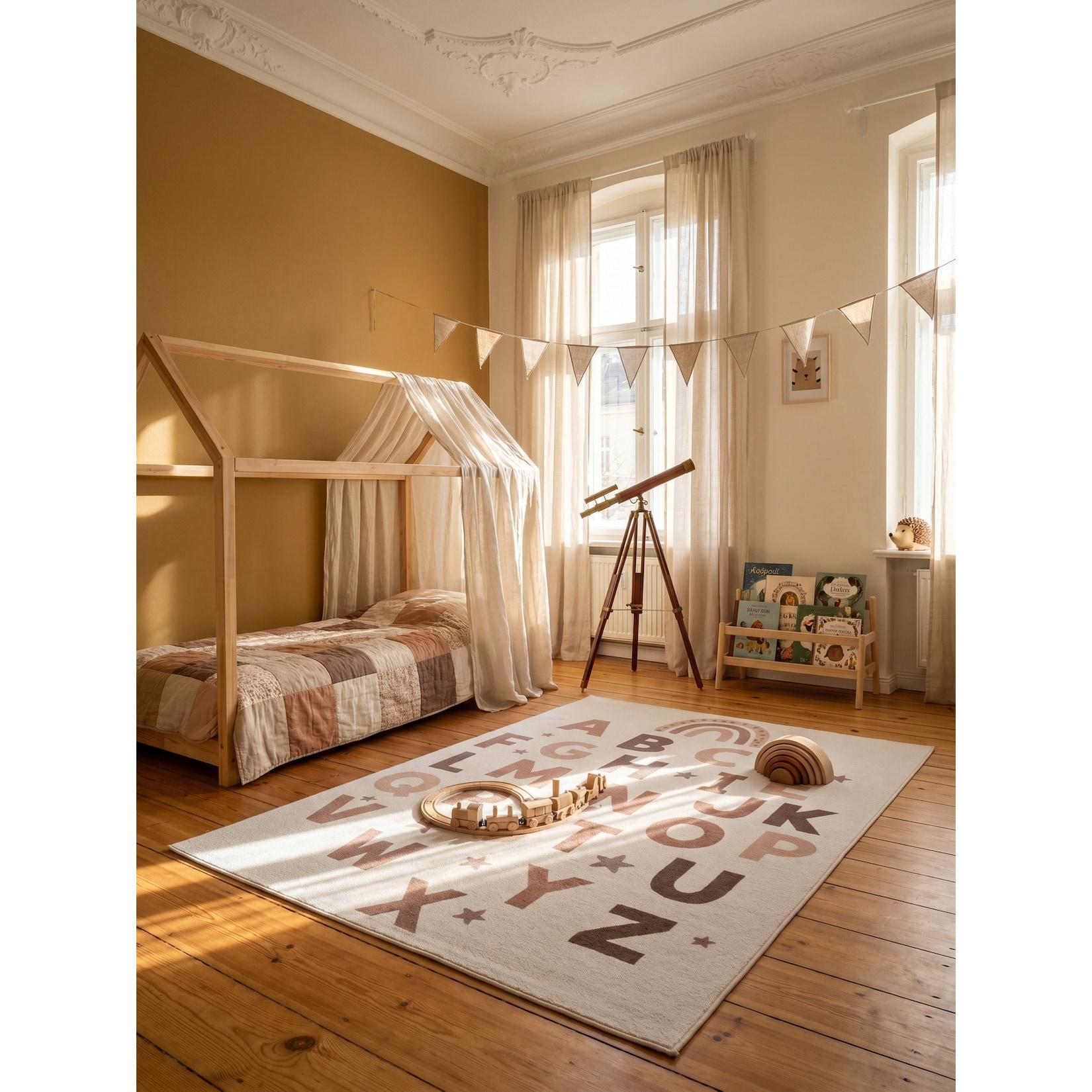 Kinderteppich Alphabet mit Regenbogen Creme 140x200 cm Waschbar