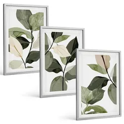 BILDER SET 3er Set - 40x60 cm Silberner Rahmen - Bemalte Boho-Pflanzenblätter