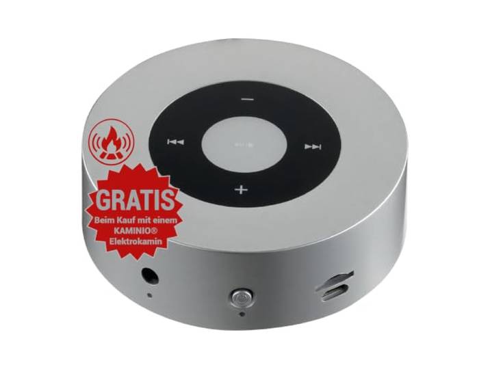 KAMINIO Knister Lautsprecher Moritz - Kraftvolle Soundbox mit Kaminfeuer-Tönen, Bluetooth, AUX, Mikrofon, Akku - Silber