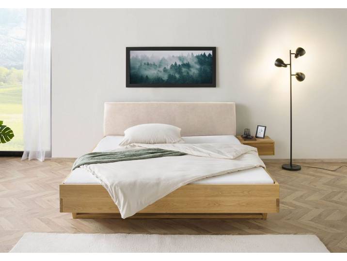 Bett mit Nachttisch Fichte 140x200x85 natur gebeizt / geölt, Kopfteil beige FICHTELBERG #141