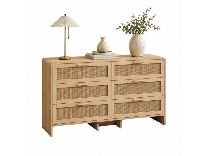 Commode 6 tiroirs en rotin – 130 cm – coins arrondis – naturel