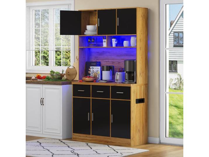 Buffet Buffet Haut Multifonction avec Éclairage RGB et LED Télécommandé Buffet de Cuisine Moderne avec Rangement Noir et Nature