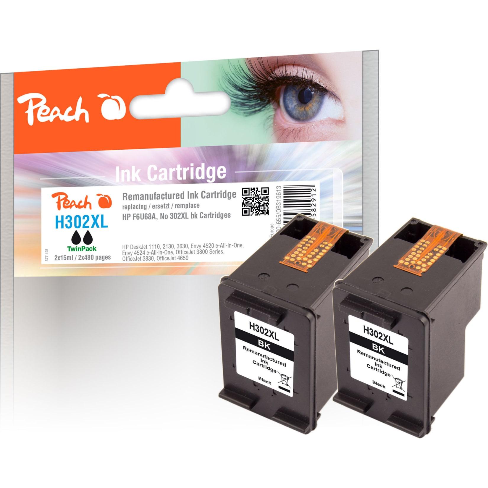 Peach HP 302 XLbk 2 Druckköpfe XL 2*bk ersetzt HP No. 302XL bk*2, F6U68AE*2 für z.B. HP OfficeJet 3830, HP OfficeJet 5220, HP Envy 4520 (wiederaufbereitet)