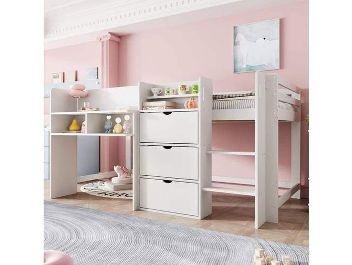 WOVREO Lit mi-hauteur enfant 90 x 200 cm forme maison avec rangements échelle et barrières blanc