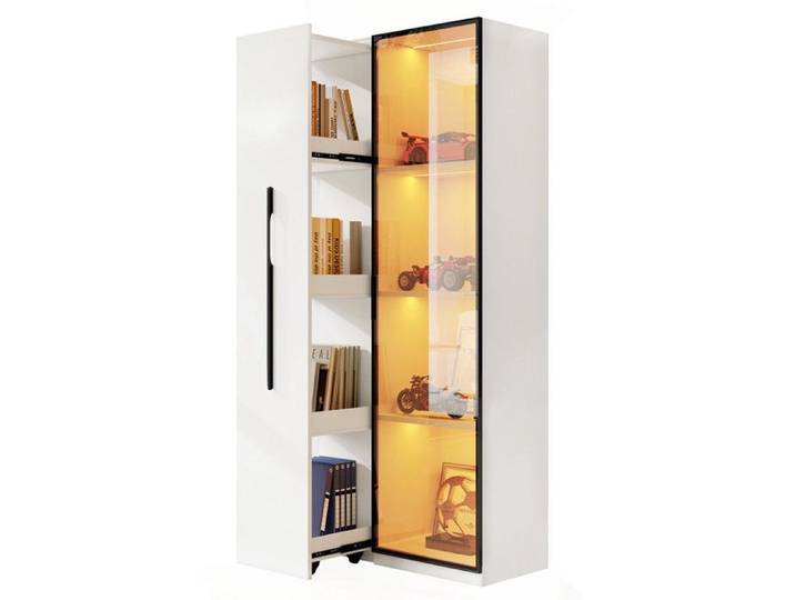 Vitrine en Verre LED avec Compartiment de 1 Porte et 1 Tiroir Latéral Armoire Multifonctionnelle Moderne avec Roulettes 70x40x160cm