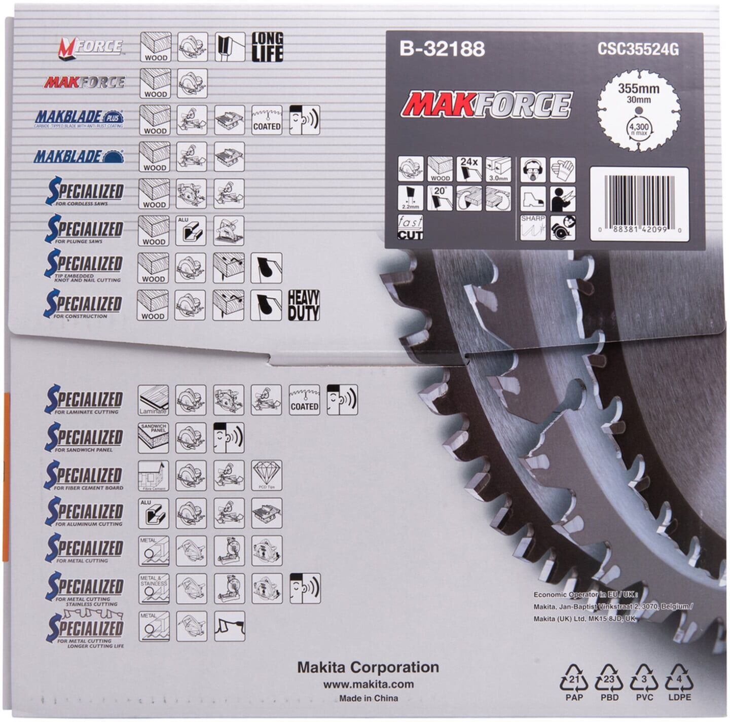 Makita B-09765 Sägeblatt MAKFORCE aus Hartmetall mit Durchmesser von 355 mm und Bohrung von 30 mm und Zähnezahl von 24 Z, für Metallsägen Makita B-09765 (B-32188)