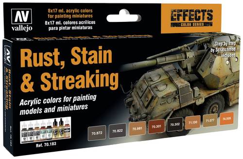Vallejo 70183 Modellbahn-Abtönfarbe Chocolate, Schwarz-Braun, Braun-Orange, Braun, Schwarz, Rot-Orange, Holz, Rost 8St.