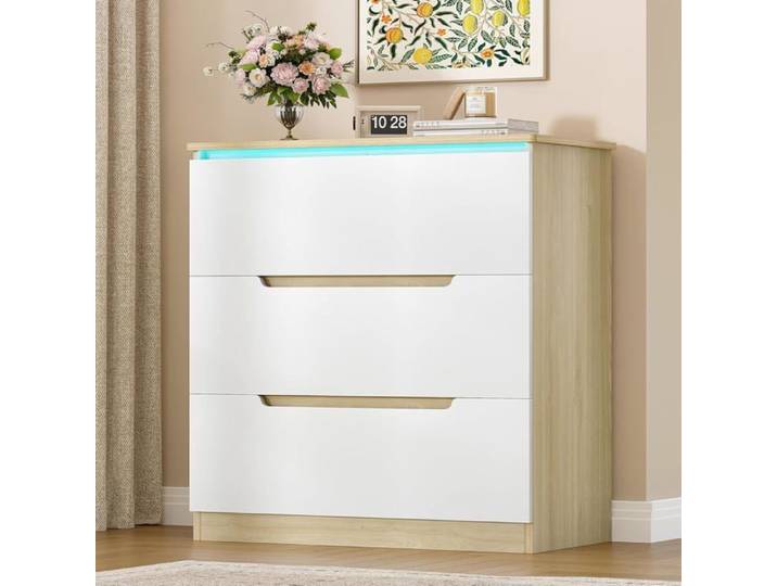 Commode avec Éclairage LED Commode à 3 tiroirs Meuble de Rangement Casier avec Éclairage Nature Couleur Bois et Blanc
