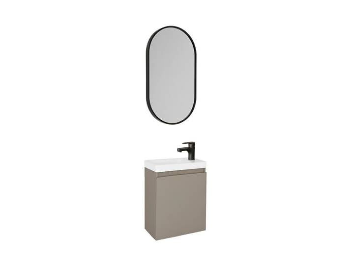 Meuble lave-mains + robinet noir + miroir ovale