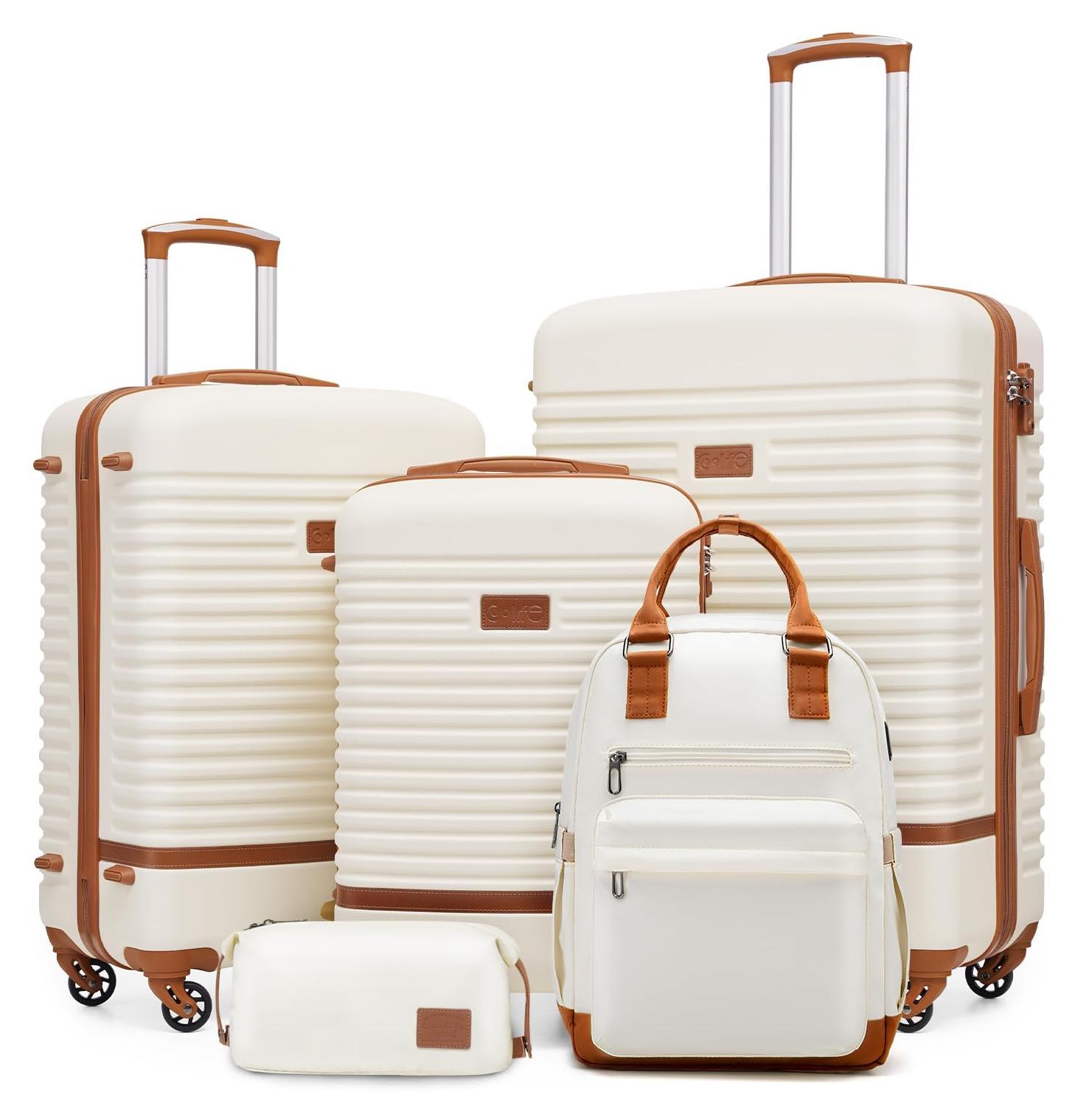 Koffer - Rollkoffer - ABS-Material - Weiß/Braun - TSA-Schloss - 5-teiliges Set