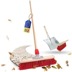 Straßenbesen 50 cm mit Holzstiel Set I Besen Handbesen und Schaufel I Elaston rot I mit Gewinde I Industriebesen Gartenbesen mit Stiel Stallbesen Winterbesen