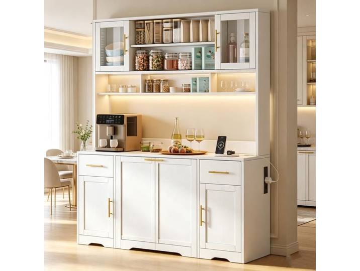 Buffet Armoire Cuisine 140x40x173 cm Rangement poubelle coulissante LED RGB plan travail tiroirs vitrine verre USB blanc