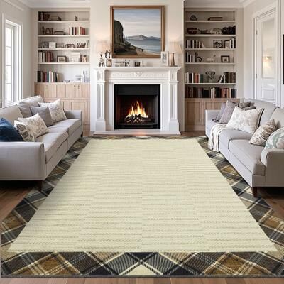 Garvee Plaid Border Machine Washable Rug