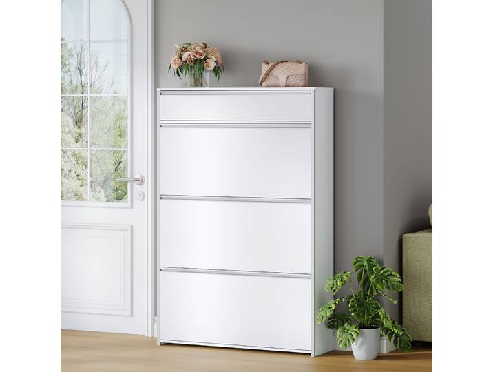 Meuble à chaussures étroit avec 3 portes rabattables, étagère à chaussures avec tiroir, coffre à chaussures étroit avec 6 étagères, réglable, blanc-argent