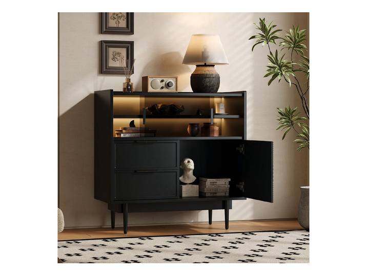BlingBin Sideboard Küchenschrank Wohnzimmerschrank (Badezimmerschrank, 1 St., mit LED-Beleuchtung, 2 Schubladen,Schrank und Glastür), 80L × 35B × 80H cm, Geeignet für eine Vielzahl von Szenarien