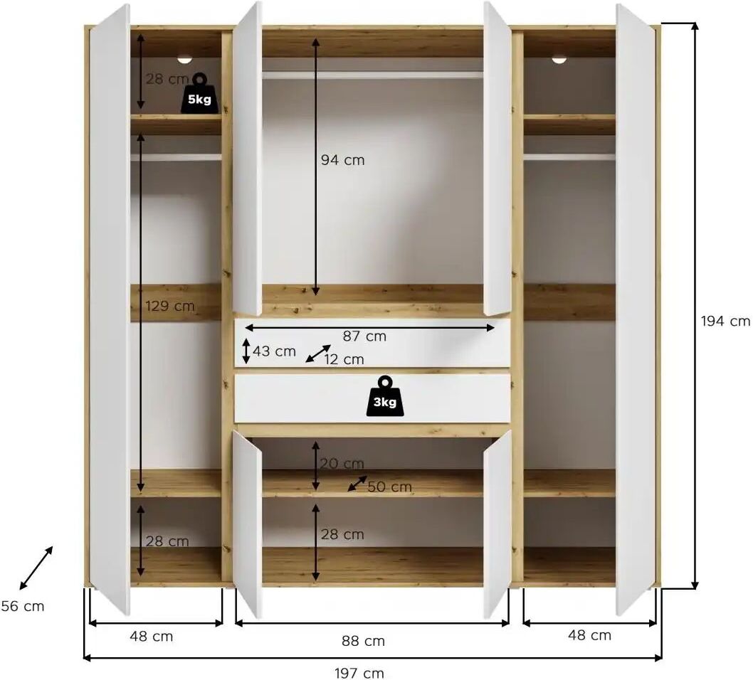 Höffner Kleiderschrank  Felden ¦ holzfarben ¦ Maße (cm): B: 197 H: 194