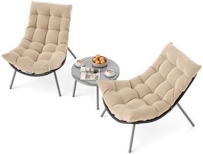 Costway 3 Pieces PE Rattan Conversation Set with Cushioned Papasan Chairs-Beige