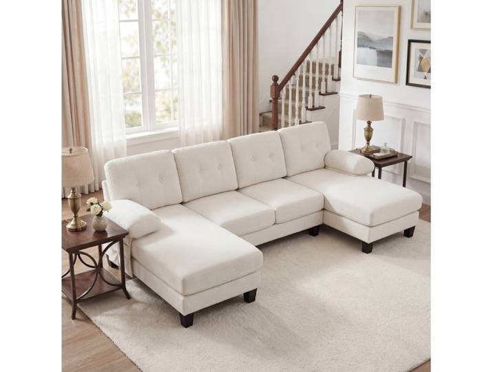 ROVRYN canapé convertible en U 4 places 268 cm double méridienne chenille beige