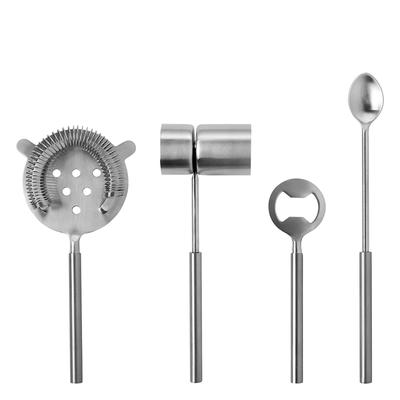 Cocktail-Set FINK STUDIO "ALL IN ONE", silber (grau), Edelstahl, Cocktail-Sets, Cocktail-Set, bestehend aus Sieb, Rührlöffel, Flaschenöffner, Barmaß