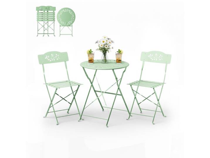 Ensemble de Bistrot en 3 pièces - VINGLI - Vert Clair - Table & Chaise de Jardin Exterieur - Économes d'Espace