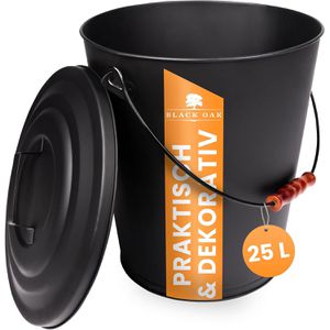 Black-Oak Ascheeimer Santorini, schwarz, Holzgriff & Deckel, aus Metall, feuerfest, rund, 25 Liter